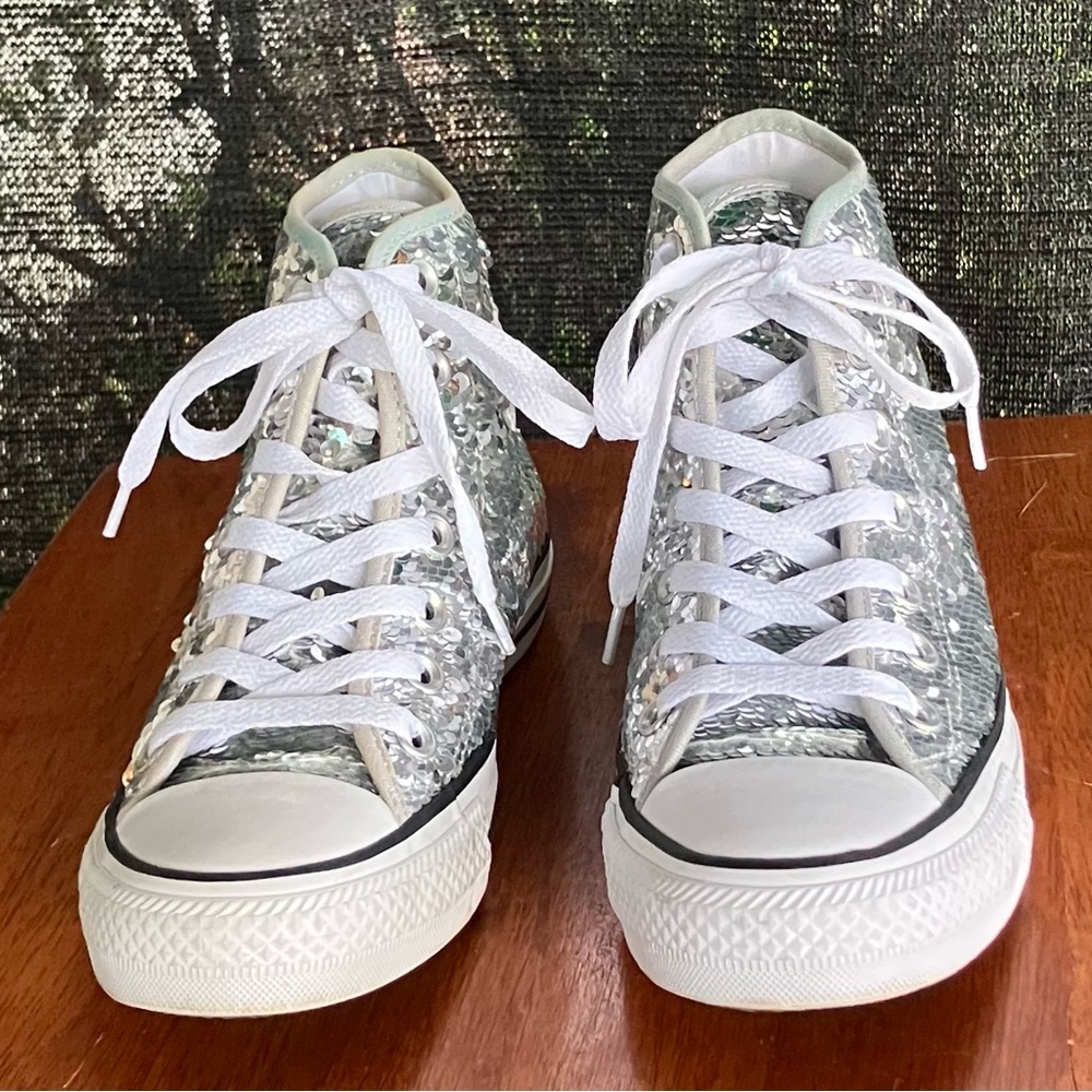 Converse Silver Sequin High-Top Sneakers with White Trim
